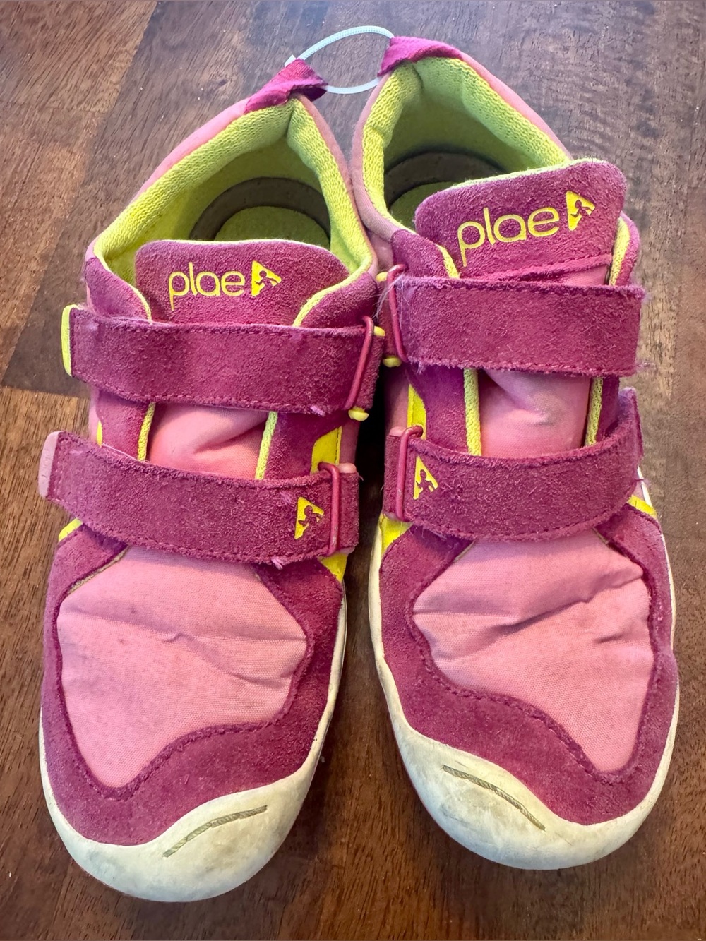 💖 Plae Ty Shoes Youth Size 2 Pink Lime Green Hook & Loop Sneakers 👟